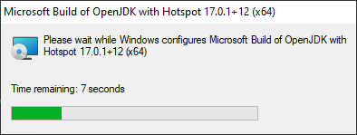 Microsoft Build of OpenJDK with Hotspot 17.0.1+12 (x64) 
Please watt while Windows configures Microsoft Build of OpenJDK with 
Hotspot 170 1+12(x64) 
Time remaining 7 seconds 